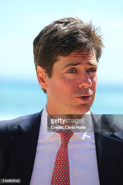 Gillon McLachlan speaks to media during a press conference at Oskars on Burleigh on March 22, 2016 in Gold Coast, Australia.