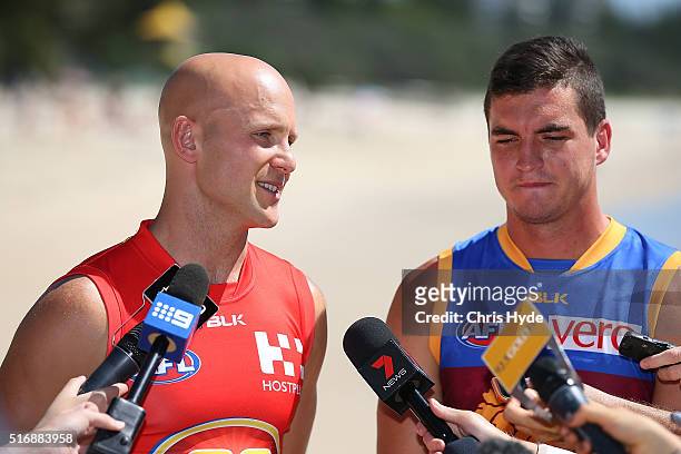 Gold Coast Suns captain Gary Ablett and Brisbane Lions captain Tom Rockliff speak to media during a press conference at Oskars on Burleigh on March...