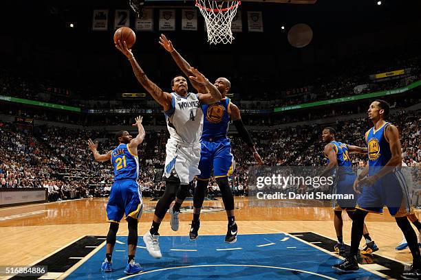 Greg Smith of the Minnesota Timberwolves shoots the ball against the Golden State Warriors on March 21, 2016 at Target Center in Minneapolis,...