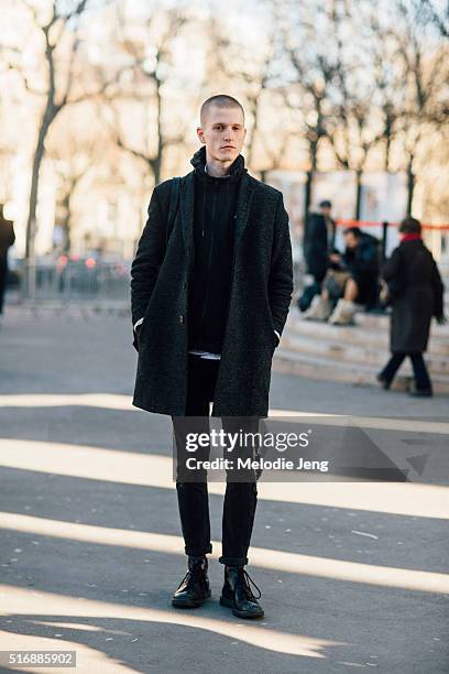 Model Sebastian Hardy wears all black after the Rick Owens show at Palais de Tokyo on Day 2 of Paris Fashion Week Mens on January 21, 2016 in Paris,...