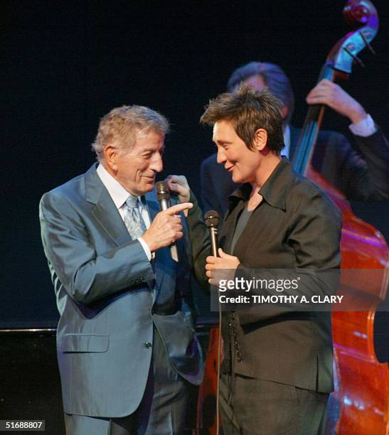 Tony Bennett and K.D. Lang perform during the Democratic National Committee benefit concert "A Night at the Apollo", held at the world-famous Apollo...