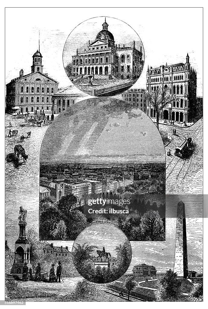 Antique illustration of sites and monuments of Boston