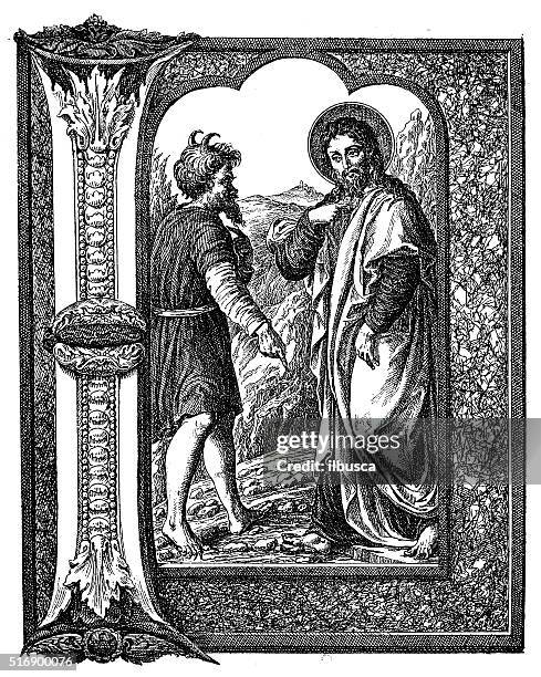 antique illustration of decorated letter i with temptation of christ - illuminated alphabet stock illustrations