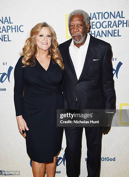 Lori McCreary and Morgan Freeman attend National Geographic "The Story Of God" With Morgan Freeman World Premiere at Jazz at Lincoln Center on March...