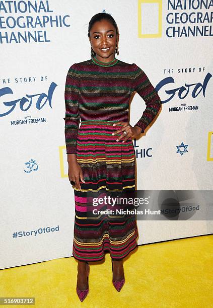 Patina Miller attends National Geographic "The Story Of God" With Morgan Freeman World Premiere at Jazz at Lincoln Center on March 21, 2016 in New...