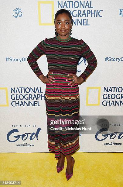 Patina Miller attends National Geographic "The Story Of God" With Morgan Freeman World Premiere at Jazz at Lincoln Center on March 21, 2016 in New...
