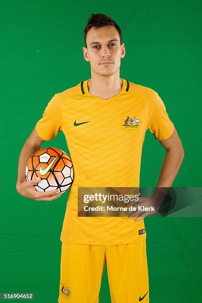 Trent Sainsbury poses for a photograph during a FFA Sponsorship announcement at The Intercontinental Adelaide on March 22, 2016 in Adelaide,...