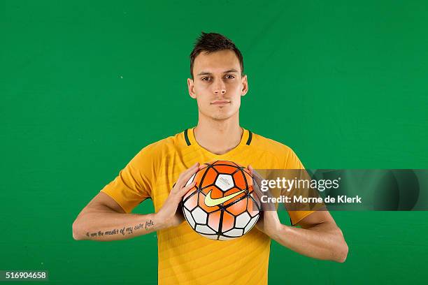 Trent Sainsbury poses for a photograph during a FFA Sponsorship announcement at The Intercontinental Adelaide on March 22, 2016 in Adelaide,...