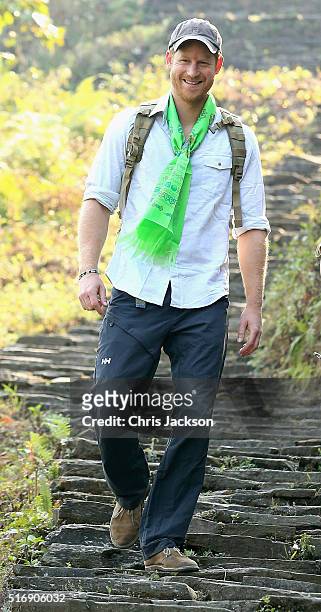 Prince Harry treks in the Himalayan foothills out of the village of Leorani on day four of his visit to Nepal on March 22, 2016 in Leorani, Nepal....