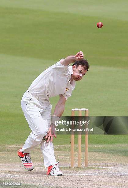 James Harris of MCC bowls during day three of the Champion County match between Marylebone Cricket Club and Yorkshire at Sheikh Zayed stadium on...