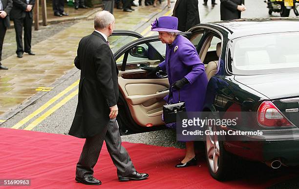 Queen Elizabeth II arrives for the wedding of Ed Van Cutsem and Lady Tamara Grosvenor at Chester Cathedral on November 6, 2004 in Chester, England....