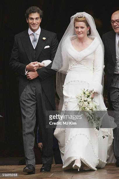 Newlyweds Ed Van Cutsem and Lady Tamara Grosvenor leave their wedding service at Chester Cathedral on November 6, 2004 in Chester, England. Lady...