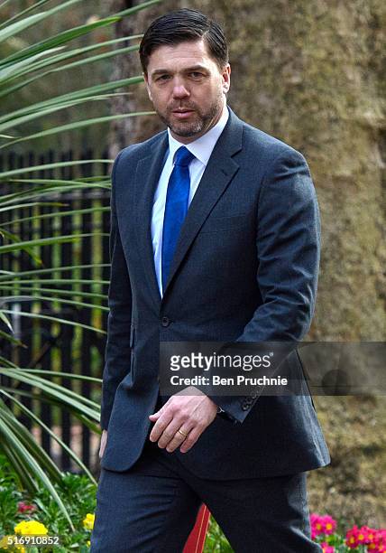 Secretary of State for Work and Pensions Stephen Crabb arrives for the weekly cabinet meeting chaired by British Prime Minister David Cameron at...
