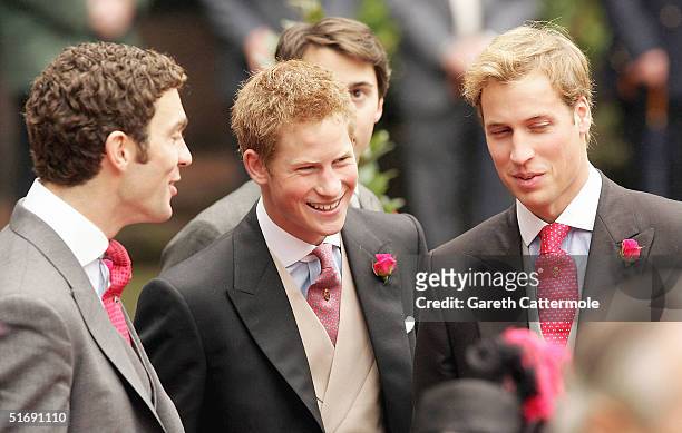 Princes Harry and William leave Chester Cathedral after the wedding of Lady Tamara Grovesnor on November 6, 2004 in Chester, England. Lady Tamara is...
