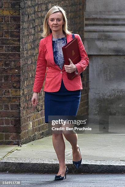 Secretary of State for Environment, Food and Rural Affairs Elizabeth Truss arrives for the weekly cabinet meeting chaired by British Prime Minister...