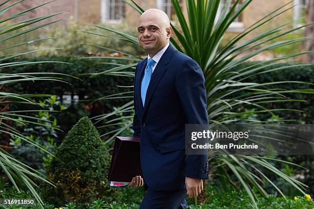 Secretary of State for Business Innovation and Skills Sajid Javid arrives for the weekly cabinet meeting chaired by British Prime Minister David...