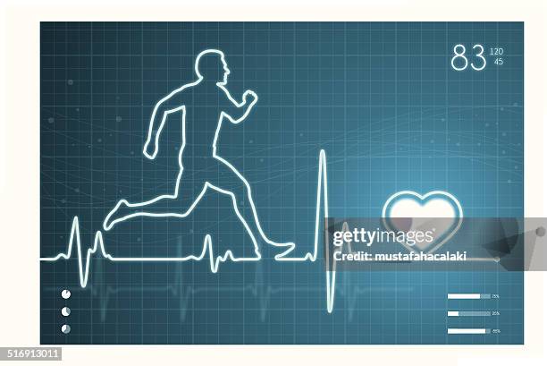 ilustrações, clipart, desenhos animados e ícones de atleta e com monitor de ecg de coração - fazendo cooper