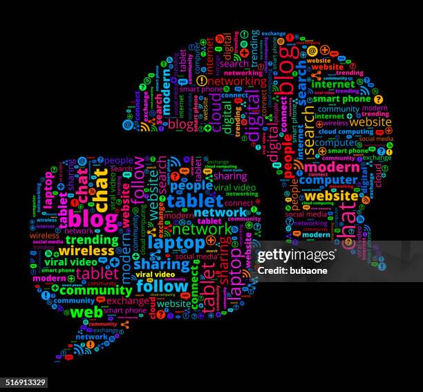 chat bubbles on modern communication and technology word cloud - word cloud tech stock illustrations