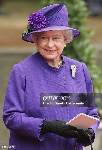 Queen Elizabeth II leaves Chester Cathedral after the wedding of Lady Tamara Grovesnor on November 6, 2004 in Chester, England. Lady Tamara is the...