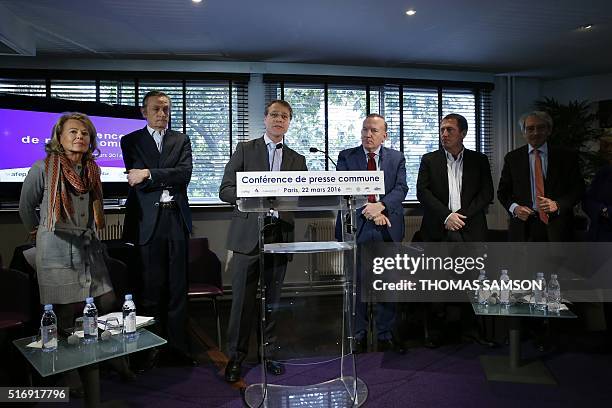 Union representatives Sophie de Menthon , Jean-Baptiste Danet , Francois Asselin , Pierre Gattaz , Jerome Volle , Pierre Pringuet give a press...