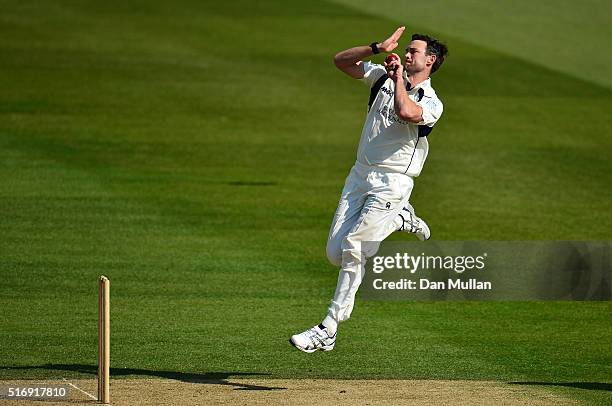 James Franklin of Middlesex bowls during day one of the pre-season friendly between Surrey and Middlesex at The Kia Oval on March 22, 2016 in London,...