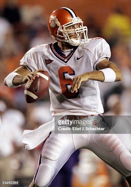 Quarterback Charlie Whitehurst of the Clemson Tigers gets ready to pass against the Miami Hurricanes in the first half on November 6, 2004 at the...