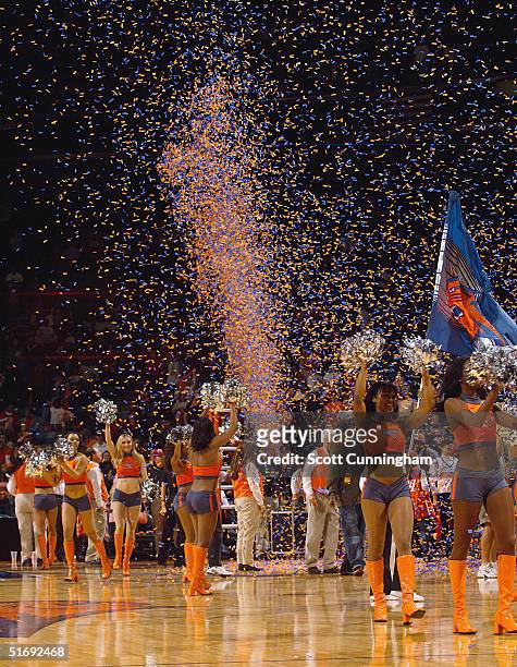 The Charlotte Bobcats celebrate the first win in franchise history against the Orlando Magic on November 6, 2004 at the Charlotte Coliseum in...