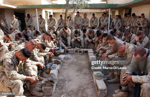 Marines from the 1st Expeditionary Force, 1st Battalion pray at a protestant religious sevice anticipating the final offensive on Fallujah on...