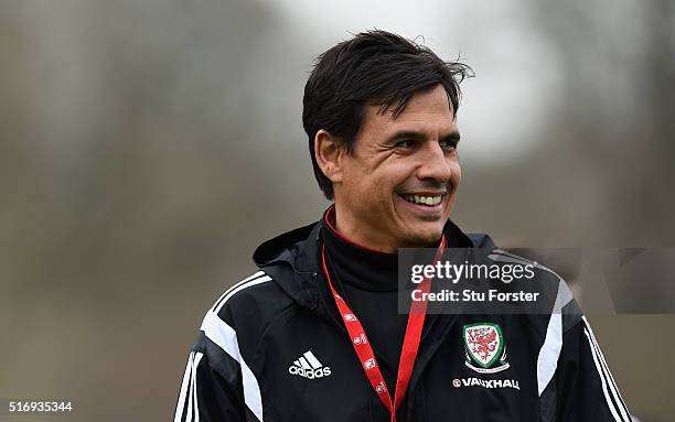 Wales head coach Chris Coleman raises a smile during Wales training at the Vale on March 22, 2016 in Cardiff, United Kingdom.