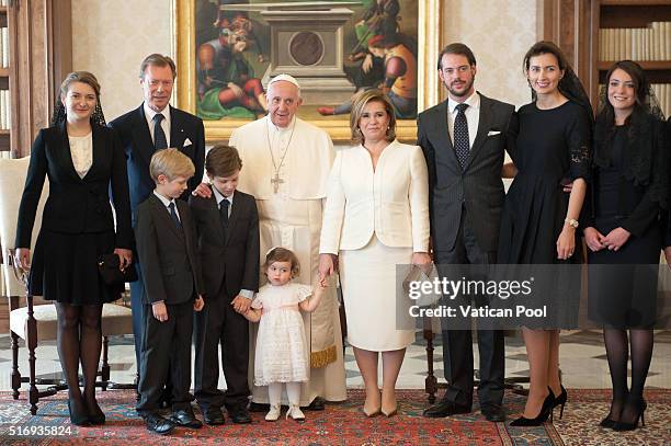Pope Francis meets Grand Duchess Maria Teresa, Grand Duke Henri of Luxembourg, Countess Stephanie de Lannoy, Prince Felix of Luxembourg, Claire...