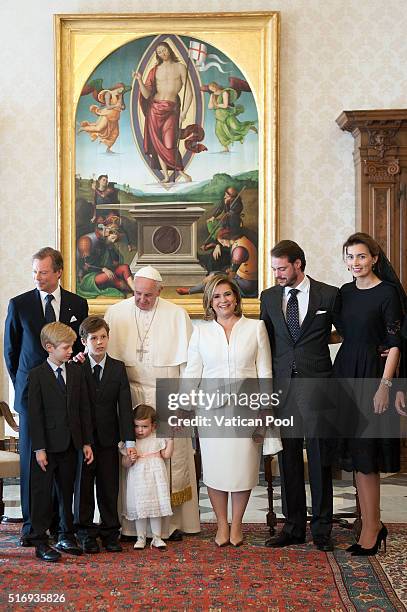 Pope Francis meets Grand Duchess Maria Teresa, Grand Duke Henri of Luxembourg, Countess Stephanie de Lannoy, Prince Felix of Luxembourg, Claire...