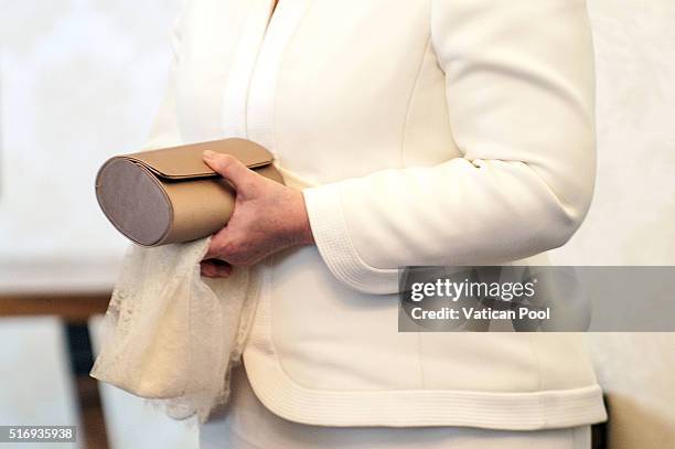 Grand Duchess Maria Teresa of Luxembourg during a meeting with Pope Francis at his private library in the Apostolic Palace on March 21, 2016 in...