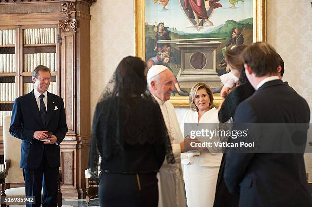 Pope Francis meets Grand Duchess Maria Teresa, Grand Duke Henri of Luxembourg, Countess, Prince Felix of Luxembourg and their granddaughter Princess...