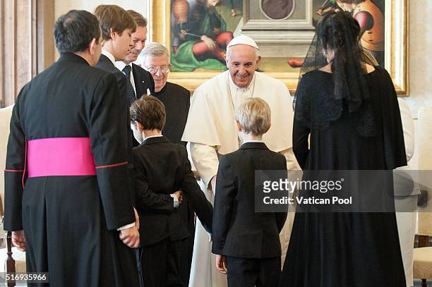 Pope Francis meets Grand Duchess Maria Teresa, Grand Duke Henri of Luxembourg and their grandsons Prince Gabriel Michael Louis Ronny, Prince Noah...