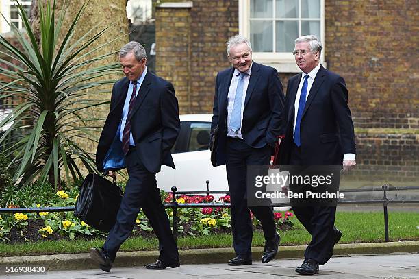 General Sir Nicholas Houghton the Chief of the Defence Staff for the British Armed Forces and Secretary for Defence Michael Fallon arrive for the...