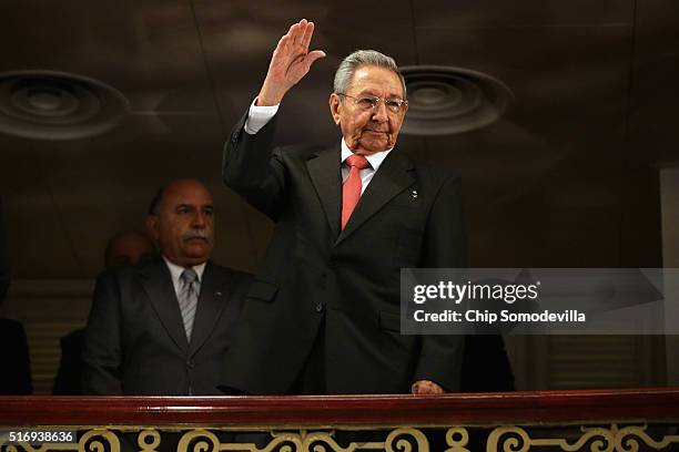 Cuban President Raul Castro acknowledges applause as he arrives at the Gran Teatro de la Habana Alicia Alonso to hear a speech by U.S. President...