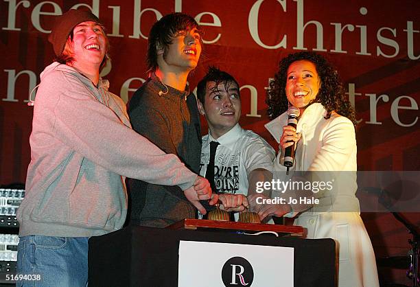 James Bourne; Charlie Simpson; Matt Jay; of Busted and Margerita Taylor attend the annual Regent Street Christmas Lights switching-on ceremony,...