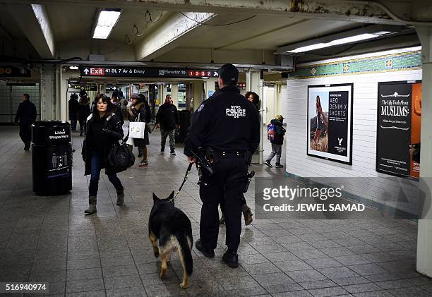 New York Police Department officer patrols with his dog in a subway station on March 22 in New York. New York and Washington stepped up security in...