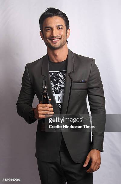 Bollywood actor Sushant Singh Rajput poses with Hindustan Times Most Stylish Breakthrough Performer award during Hindustan Times Most Stylish Awards...