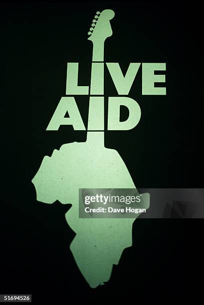 The Live Aid logo is displayed at the premiere screening of the new four-disc DVD featuring 10 hours of footage from the historic charity concert...