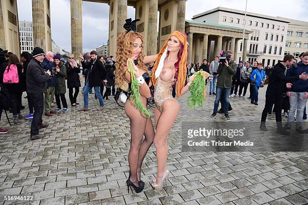 Sarah Joelle Jahnel and Micaela Schaefer during the Micaela Schaefer Easter Photo Call At Brandenburg Gate on March 22, 2016 in Berlin, Germany.