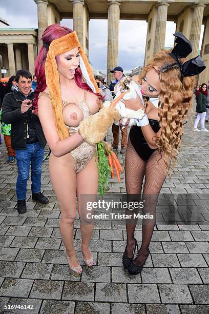 Micaela Schaefer, Sarah Joelle Jahnel during the Micaela Schaefer Easter Photo Call At Brandenburg Gate on March 22, 2016 in Berlin, Germany.