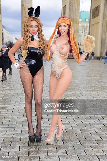 Sarah Joelle Jahnel and Micaela Schaefer during the Micaela Schaefer Easter Photo Call At Brandenburg Gate on March 22, 2016 in Berlin, Germany.