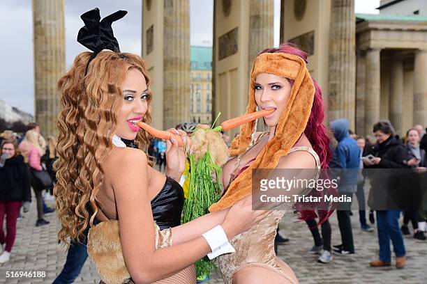 Sarah Joelle Jahnel and Micaela Schaefer during the Micaela Schaefer Easter Photo Call At Brandenburg Gate on March 22, 2016 in Berlin, Germany.