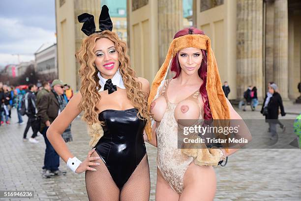 Sarah Joelle Jahnel and Micaela Schaefer during the Micaela Schaefer Easter Photo Call At Brandenburg Gate on March 22, 2016 in Berlin, Germany.