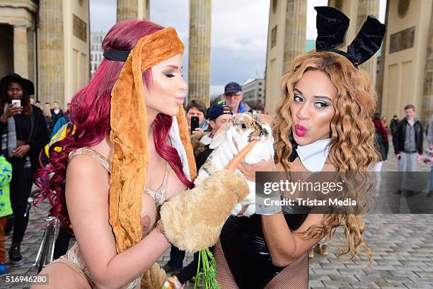 Micaela Schaefer, Sarah Joelle Jahnel during the Micaela Schaefer Easter Photo Call At Brandenburg Gate on March 22, 2016 in Berlin, Germany.