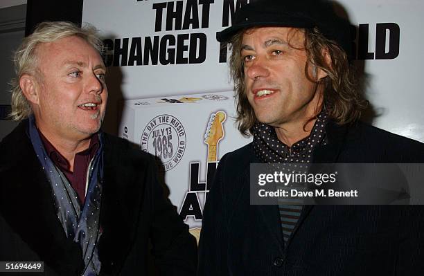 Musicians Roger Taylor and Sir Bob Geldof arrive at the Premiere screening of the new four-disc DVD featuring 10 hours of footage from the historic...