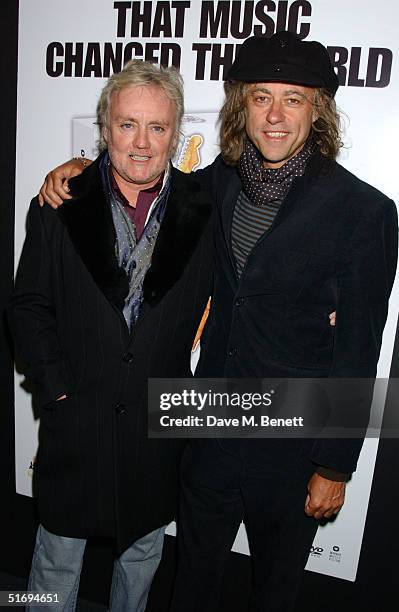 Musicians Roger Taylor and Sir Bob Geldof arrive at the Premiere screening of the new four-disc DVD featuring 10 hours of footage from the historic...