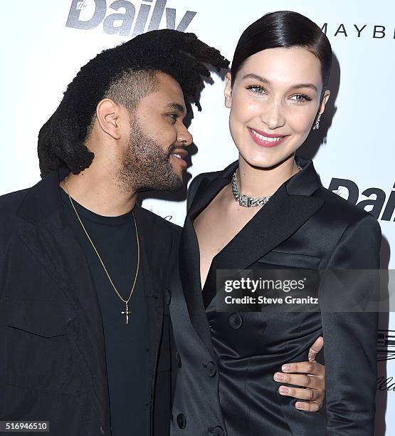 The Weeknd and Bella Hadid arrives at the The Daily Front Row "Fashion Los Angeles Awards" 2016 at Sunset Tower Hotel on March 20, 2016 in West...