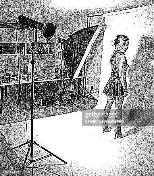 celebrity posing for promotion photos in studio and lights - photoshoot bts stock illustrations